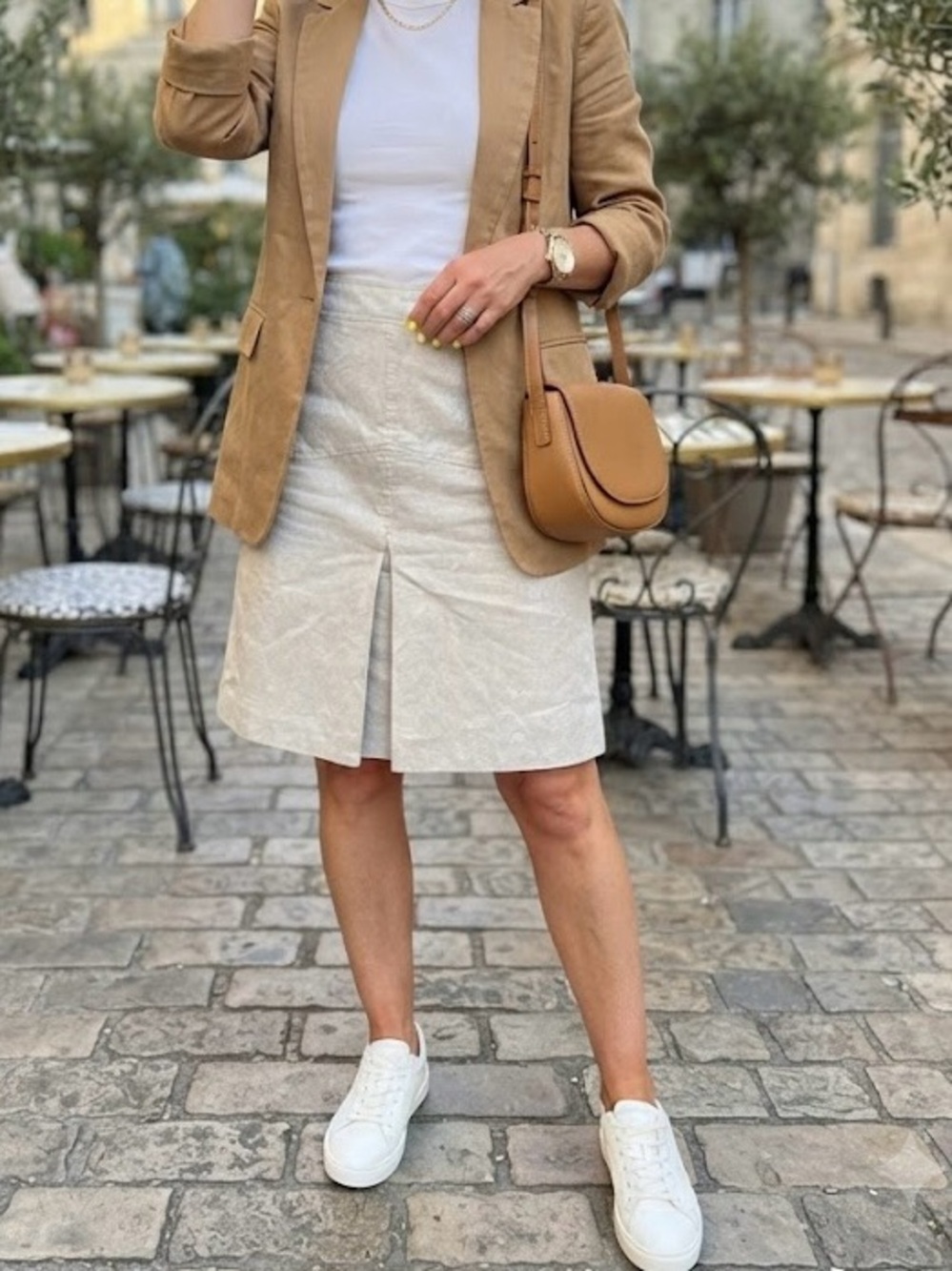 Point Zero Nicole Benisti Beige Linen-Blend Metallic Shimmer Midi Skirt Classic